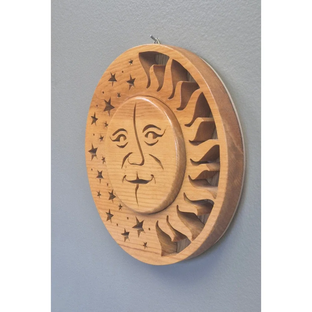 Vintage Carved Wood Sun Moon Wall Plaque Celestial Stars Boho Whimsigoth 8